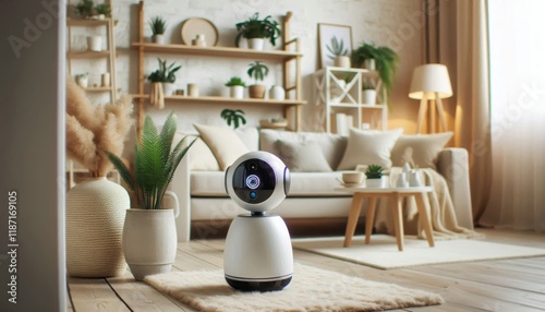 Smart home security camera, modern living room, cozy interior, potted plants, neutral tones, sunlit space, couch with throw blanket, wooden shelf, curtains, hardwood floor, minimalist decor, home surv photo