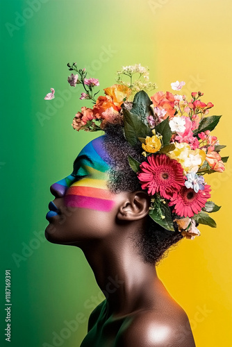 Black woman with flowers and rainbow makeup celebrating diversity and inclusion