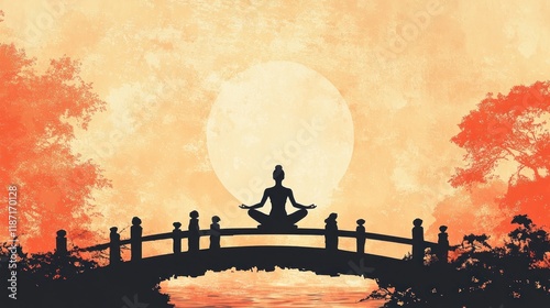 Woman meditating in lotus pose on bridge at sunset. photo