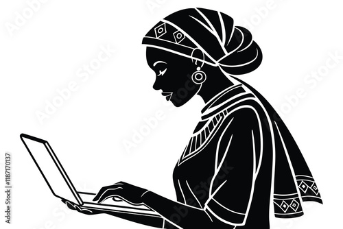 a woman in traditional attire using modern technology, symbolizing cultural progress