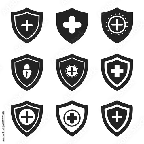 Collection of Simple Black and White health  Shield Icons