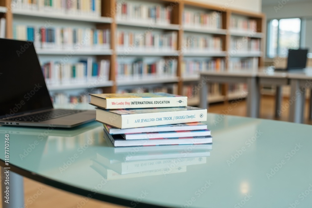 A sleek glass table with a laptop and a stack of new educational books, celebrating International Education Day, positioned in front of a modern library filled with rows of books A sleek glass table with a laptop and a stack of new educational books, celebrating International Education Day, positioned in front of a modern library filled with rows of books