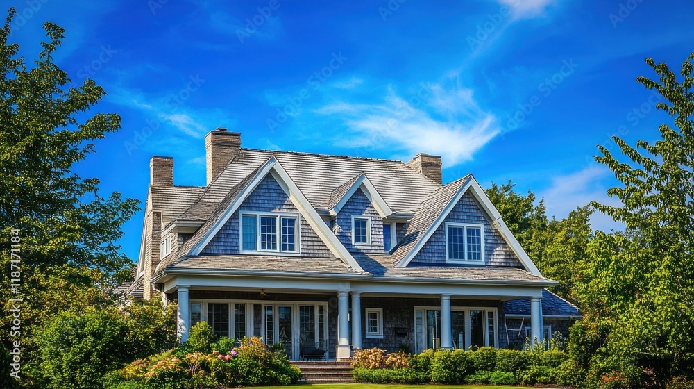 Charming two-story house with grey shingle siding, white trim, and a large front porch, nestled amongst lush greenery under a vibrant blue sky. Charming two-story house with grey shingle siding, white trim, and a large front porch, nestled amongst lush greenery under a vibrant blue sky.