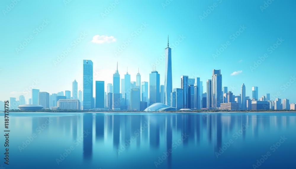 Obraz premium Stunning skyline of a modern city reflected in tranquil waters on a clear day.