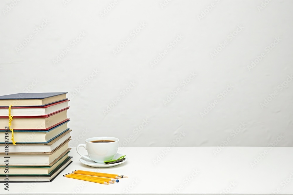 A bright white table adorned with large, neatly arranged stacks of books, a coffee cup, and an assortment of sharpened pencils. A bright white table adorned with large, neatly arranged stacks of books, a coffee cup, and an assortment of sharpened pencils.