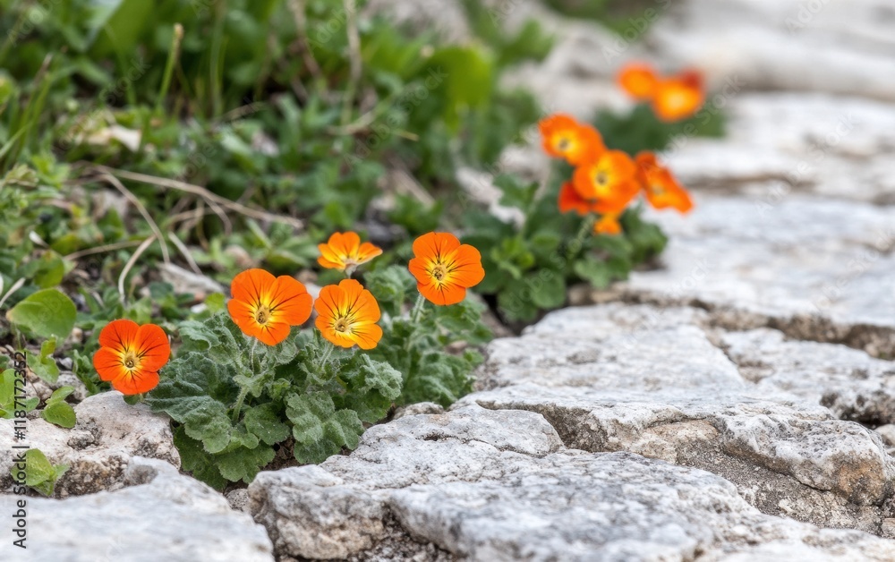 Tiny wildflowers blooming between cracks in a weathered stone path Tiny wildflowers blooming between cracks in a weathered stone path