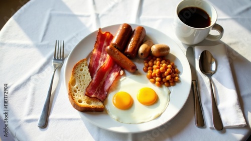 A hearty breakfast plate featuring fried eggs, crispy bacon, savory sausages, and baked beans, accompanied by a slice of toasted bread and a cup of coffee, all set on a pristine white tablecloth.
