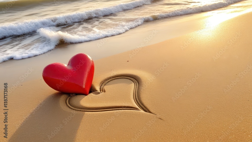 Red heart painted in the sand as waves wash over, detailed textures of wet and dry sand Red heart painted in the sand as waves wash over, detailed textures of wet and dry sand