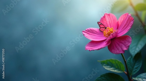 A vibrant pink blossom, bathed in sunlight, delicately holds a small butterfly on its petals against a soft teal backdrop, creating a serene and peaceful image.