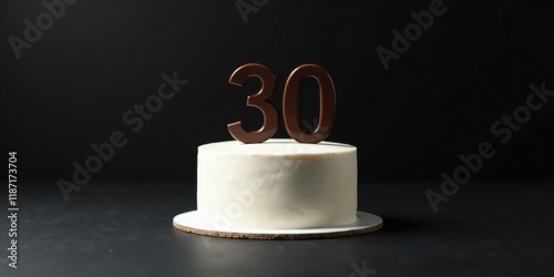 A delectable round vanilla cake adorned with elegant chocolate number thirty topper, perfectly positioned on a simple cardboard cake base against a dark background.