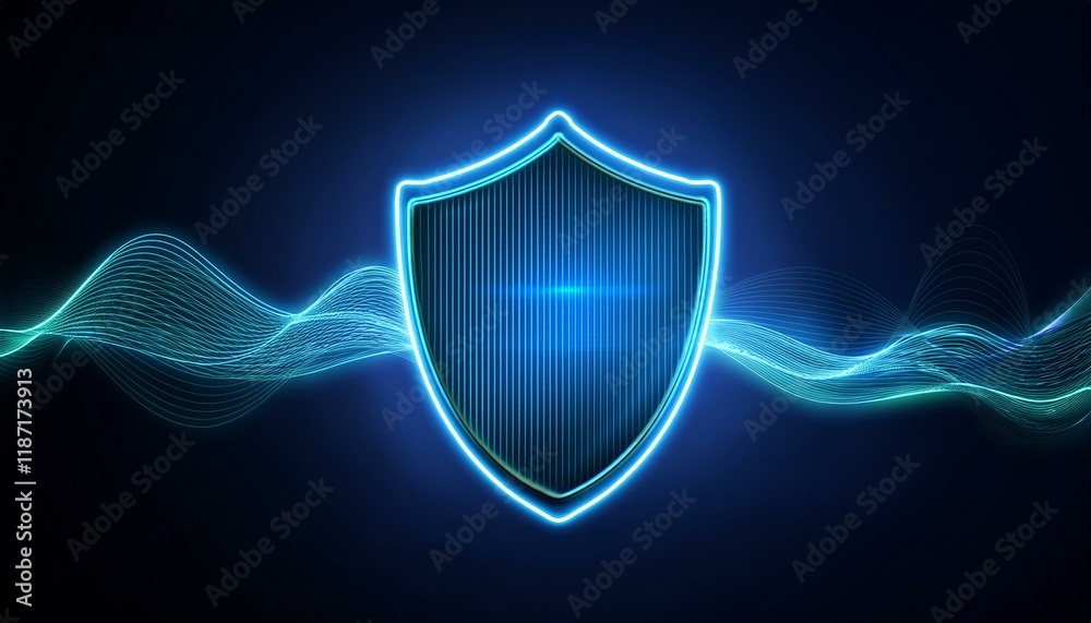 Fototapeta premium Digital security image with glowing neon waveforms forming a protective barrier that blocks data flow