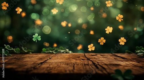 Golden and Green Shamrocks Falling on Wooden Table