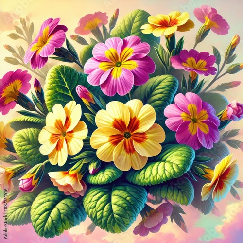 Colorful primrose flowers bouquet with lush green leaves