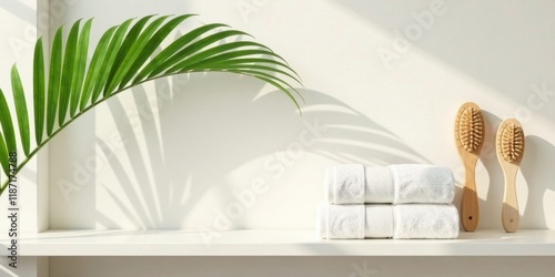 Serene Spa Setting White Towels, Wooden Brushes, and Palm Leaf Shadow on a Shelf