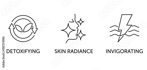 Skincare icons set - Detoxifying, Skin radiance, Invigorarting. In thin line