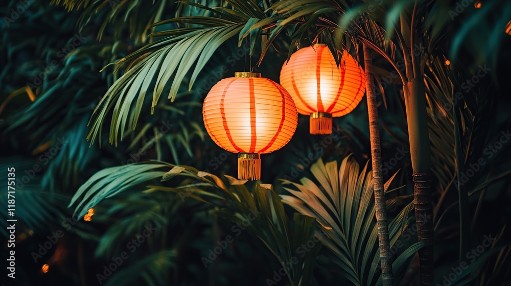 Illuminated paper lanterns hanging amidst lush tropical foliage at dusk. Illuminated paper lanterns hanging amidst lush tropical foliage at dusk.