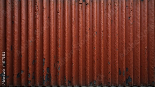 Rustic reddish-brown corrugated metal surface texture with aged paint showing wear and tear, ideal for design backgrounds