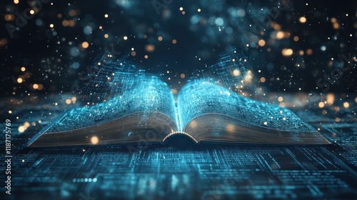 Wallpaper Mural Digital Book of Knowledge: A Glimmering Open Book Radiating Data and Light Torontodigital.ca