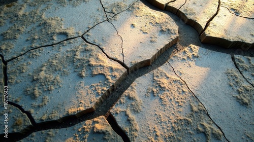 Arid landscape exhibiting a fractured, parched earth surface with textured, cracked formations under sunlight