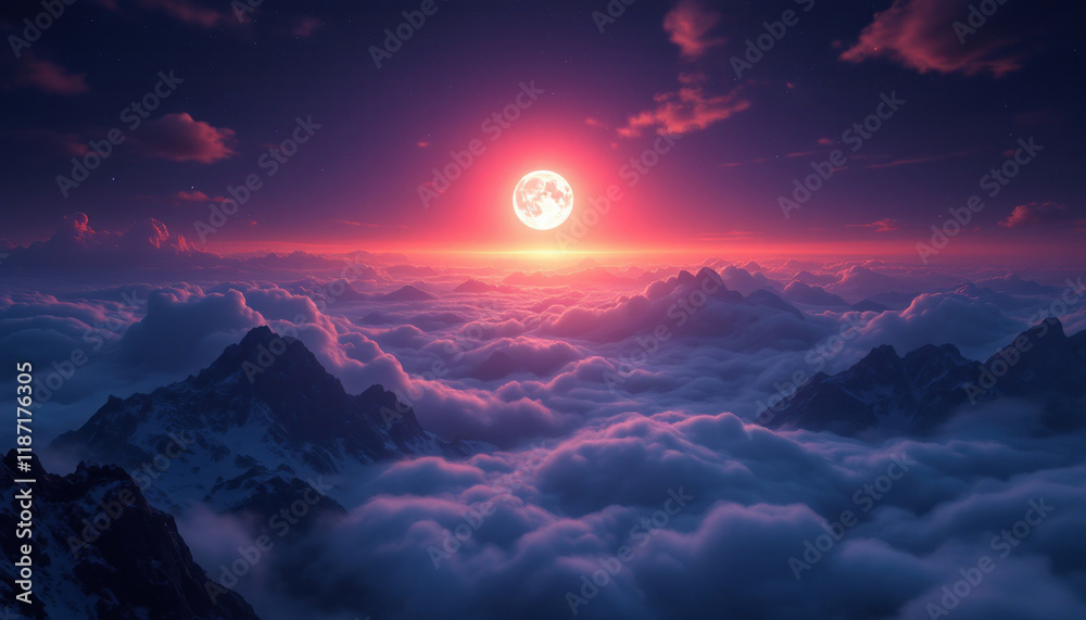 Majestic Moonrise Above a Sea of Clouds and Mountains Majestic Moonrise Above a Sea of Clouds and Mountains