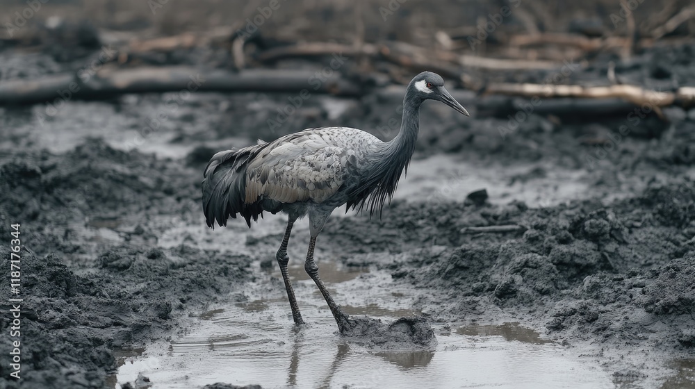 Fototapeta premium A crane wading through a shallow, ash-filled wetland, its legs blackened by wildfire residue.