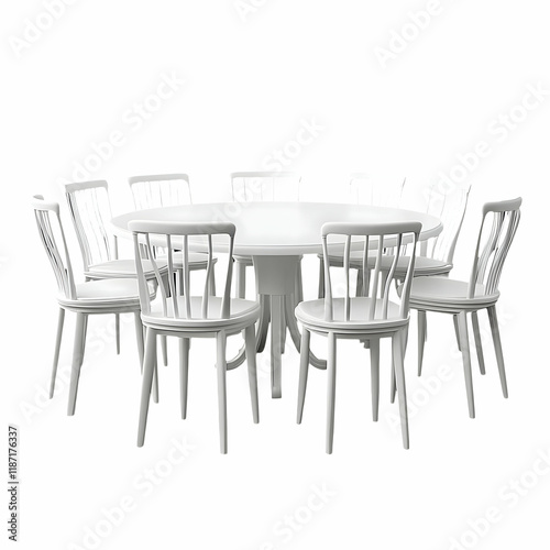 High-quality 3D-rendered white dining table with round top, surrounded by eight matching plastic chairs, isolated on a black background for clarity and focus. photo