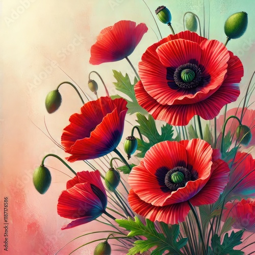 Wallpaper Mural Red poppies in artistic floral illustration Torontodigital.ca