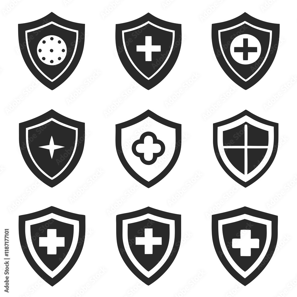 Shield Icons with Various Security Symbols Shield Icons with Various Security Symbols