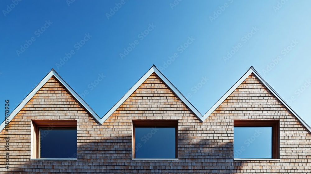 Three gable roof sections with windows against a clear blue sky. Three gable roof sections with windows against a clear blue sky.