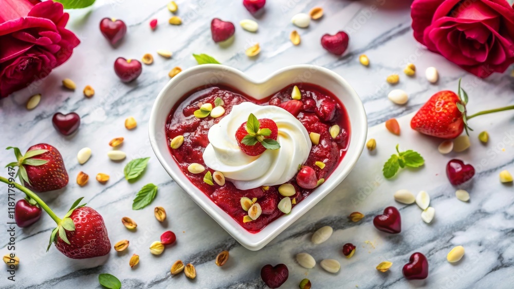 Heart-Shaped Bowl of Red Berry Compote with Whipped Cream and Pistachios, Romantic Dessert Setup Heart-Shaped Bowl of Red Berry Compote with Whipped Cream and Pistachios, Romantic Dessert Setup