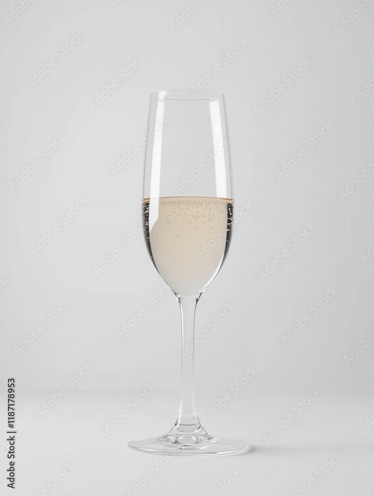 A tall, slender glass filled with a bubbly sparkling beverage stands upright on a smooth surface, surrounded by a minimalist backdrop that enhances its elegance and offers ample copy space A tall, slender glass filled with a bubbly sparkling beverage stands upright on a smooth surface, surrounded by a minimalist backdrop that enhances its elegance and offers ample copy space
