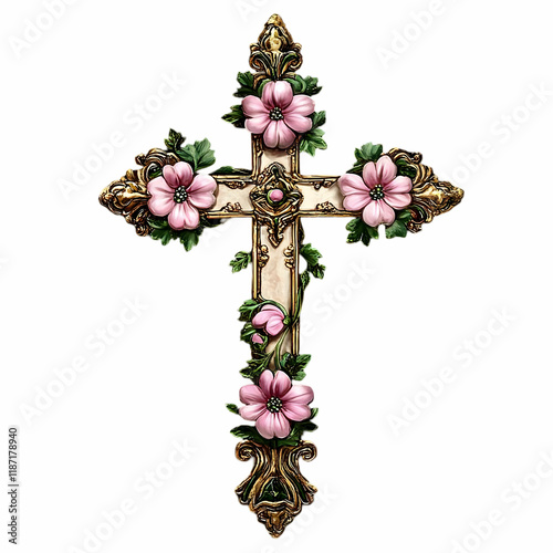 A cross design with pink flowers and green leaves, accented by gold trim, set against a black background. The high-quality digital art piece is perfect for religious-themed designs or spiritual conten photo