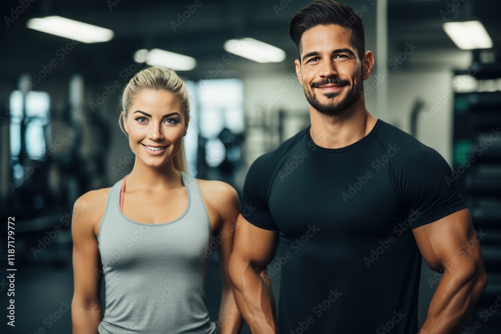 Fototapeta premium Fit athletic woman and muscular personal trainer smiling after successful workout session in modern gym