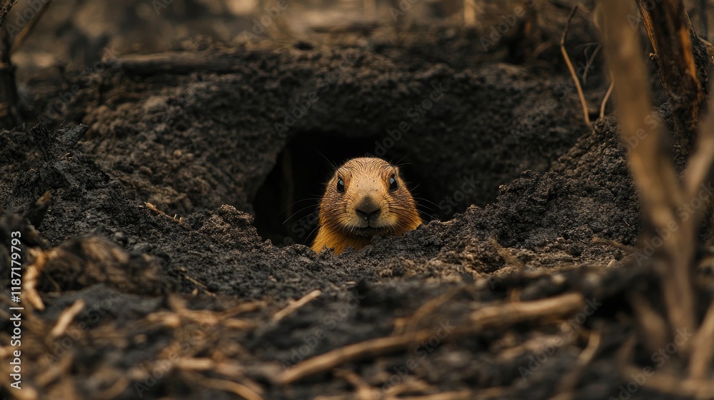 A prairie dog peeking out of its burrow, surrounded by scorched grass and charred earth. A prairie dog peeking out of its burrow, surrounded by scorched grass and charred earth.