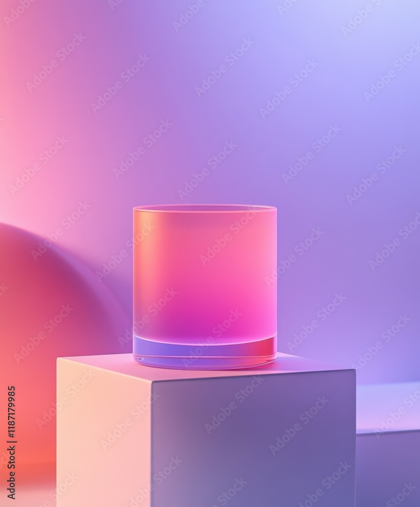 Colorful glass on pedestal illuminated by gentle light at twilight Colorful glass on pedestal illuminated by gentle light at twilight