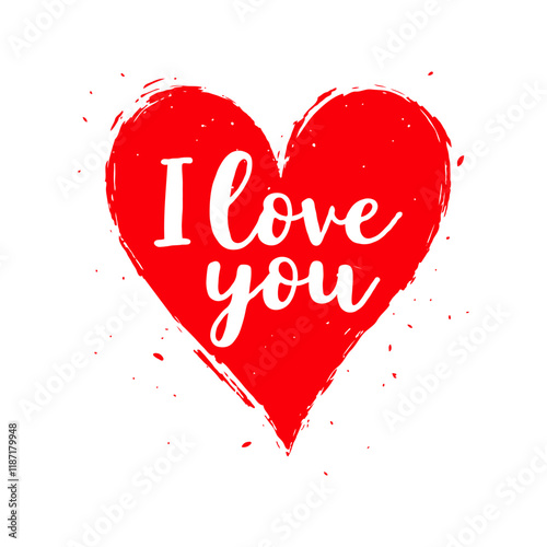 Hand-drawn red heart with I love you script. White background with scattered paint splashes. Concept of love and affection. Valentine's day, wedding illustration.