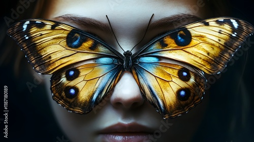 Ethereal Butterfly Mask Symbolizing Transformation Over Human Face