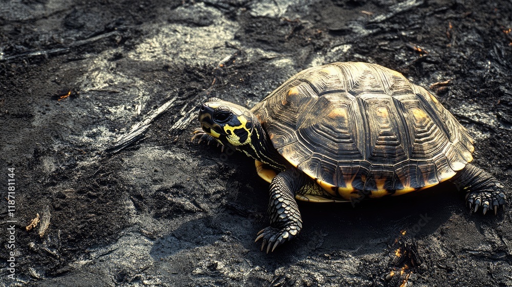Obraz premium A turtle moving slowly across burnt soil, emphasizing the vulnerability of wildlife during forest fires.