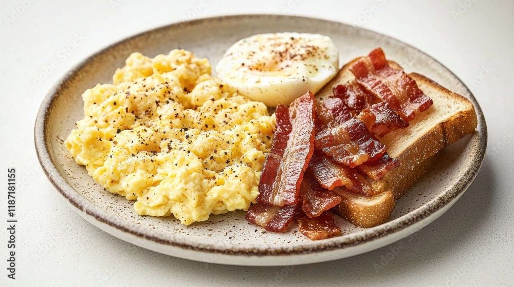 Savory breakfast plate with crispy bacon and fluffy scrambled eggs kitchen food bright environment top view Savory breakfast plate with crispy bacon and fluffy scrambled eggs kitchen food bright environment top view