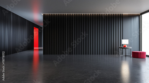 Modern interior with vertical black slatted walls, polished concrete floor, and a red accent lamp on the side. 3D Rendering 