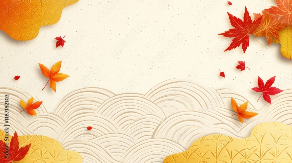 Autumnal Maple Leaves and Wave Pattern: A Serene Paper Art Design