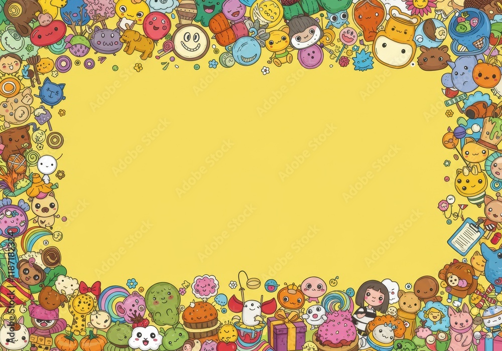 Colorful cartoon doodles frame with cute characters on yellow background Colorful cartoon doodles frame with cute characters on yellow background