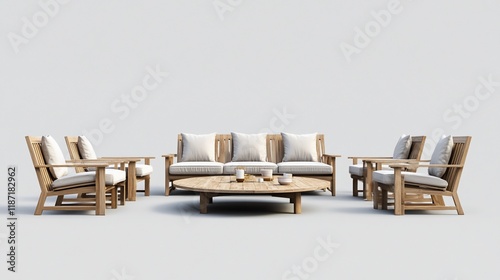 Wooden outdoor furniture set, neutral background, 3D rendering, home decor, casual style photo