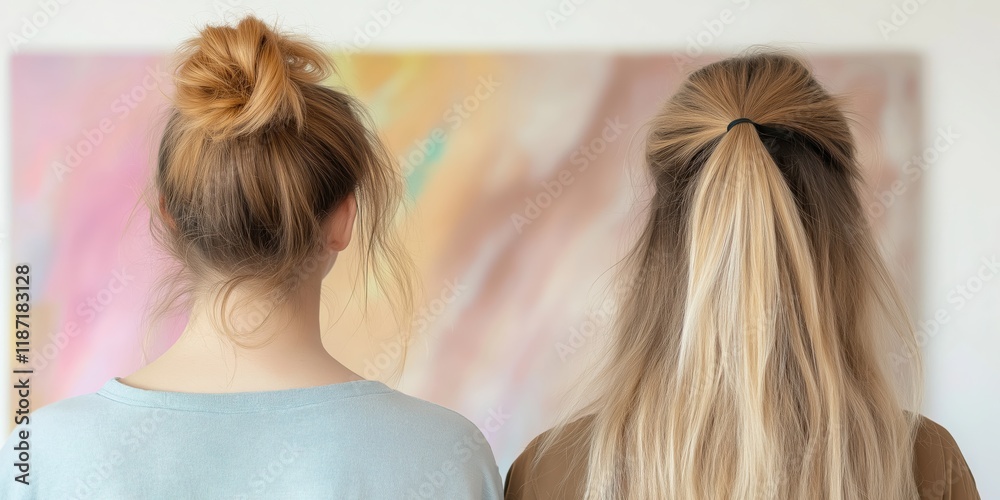 Fototapeta premium The image showcases two women from behind, observing a colorful abstract painting, evoking a sense of curiosity and appreciation for art in a gallery setting.