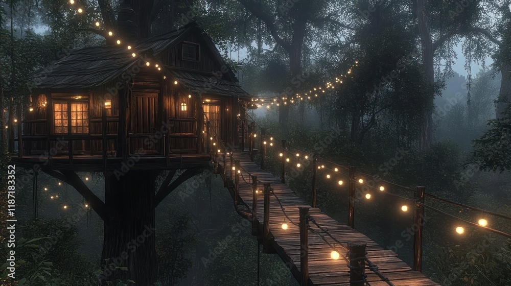 Fototapeta premium Magical treehouse in misty forest at night.