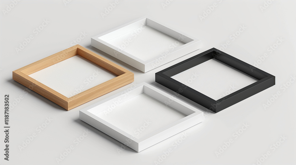 Picture frames set with white Passepartout on transparent background. White, wooden and black square frames, 30x30 cm. Template, mock up for your picture, artwork, poster or photo. 3d rendering. Picture frames set with white Passepartout on transparent background. White, wooden and black square frames, 30x30 cm. Template, mock up for your picture, artwork, poster or photo. 3d rendering.