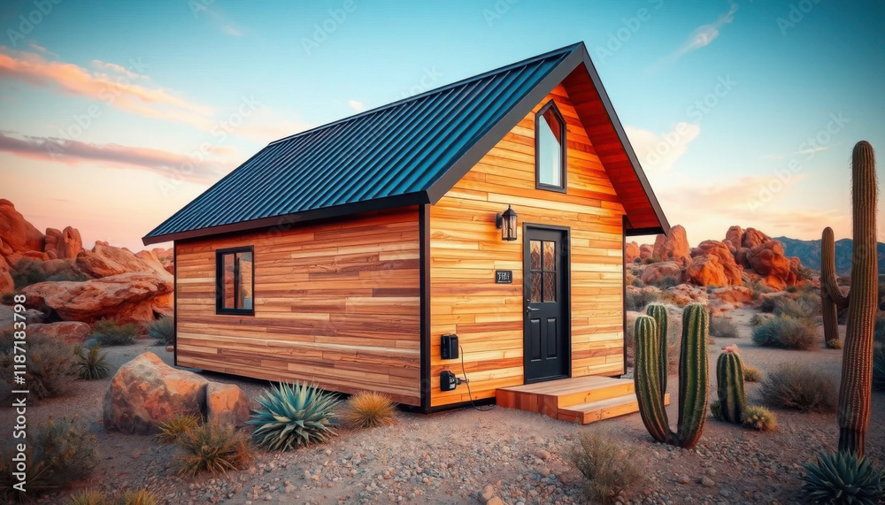 Obraz premium Stylish wooden cabin surrounded by desert landscape and cacti, clear blue sky