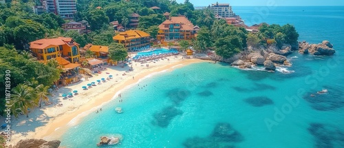 Aerial view of a tropical beach resort with clear waters and lush surroundings.