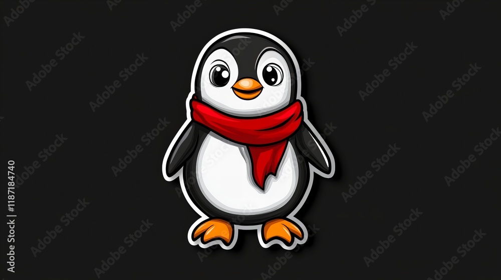 Fototapeta premium Adorable cartoon penguin bundled up in a red scarf against a dark background.