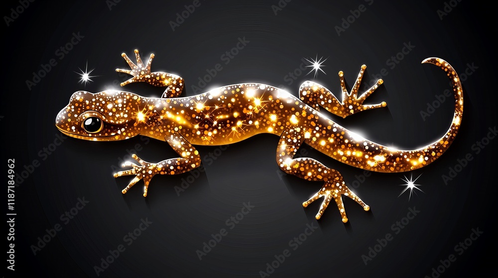 Naklejka premium Golden Gecko: Sparkling reptile on a black background. Shimmering details and elegant design.